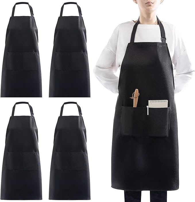 4 Pack Adjustable Apron, Black Apron with 2 Pockets, Machine Washable Apron Perfact for Cooking, Grilling, Dishwashing, Restaurant Work, Best Assistant for Chef Waiter Artist by loteaf