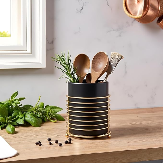 Dining Utensil Holder Cooking Utensil Holder,Gold Ring Metal Frame and Black Ceramics