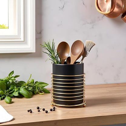 Dining Utensil Holder Cooking Utensil Holder,Gold Ring Metal Frame and Black Ceramics
