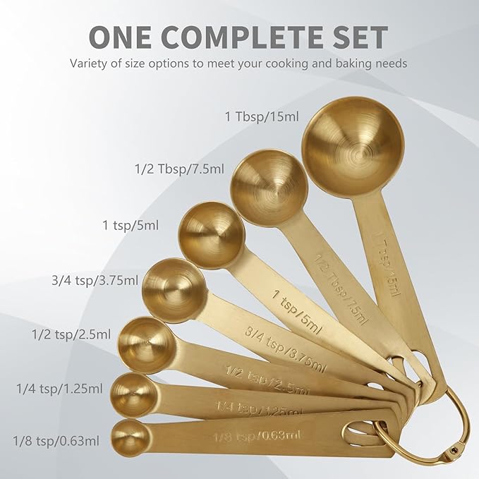 Measuring Spoons,304 Stainless Steel Measuring Cups & Spoon Set of 7 Piece:1Tbsp&1/2Tbsp,1tsp,3/4tsp,1/2tsp,1/4tsp,1/8tsp Teaspoon Coffee Scoop Tablespoon for Dry and Liquid Ingredients,Gold - Image 2