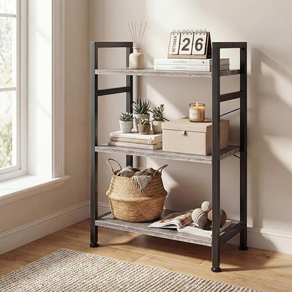 DUMOS 3 Tiers Bookshelf, Classical Book Shelf, Tall Display Shelves in Living Room/Home/Office, Storage Organizer for CDs/Books/Movies, Wood Grey - Image 2