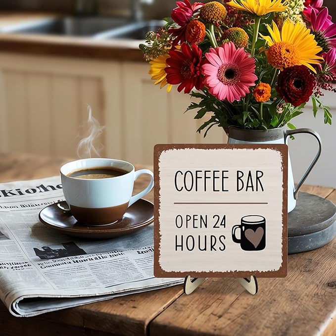 Coffee Bar Sign Plaque Decor,Coffee Bar Accessories,Rustic Wooden Tabletop Plaque with Stand, Minimalist Farmhouse Kitchen Counter Sign,Cute Mini Café Bar Decor Gift 5.9x5.9Inch - Image 6