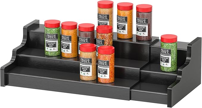 Spice Rack Organizer For Cabinet - 3 Tier Black Bamboo Wooden Expandable Display Shelf from 12.70 to 22.20 inch by ZriBamboo