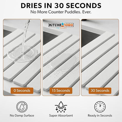 Stone Drying Mat for Kitchen Counter (White, Large) - Super Absorbent, 30sec Fast-Drying Diatomite Dish Mat, Collapsible for Kitchen.