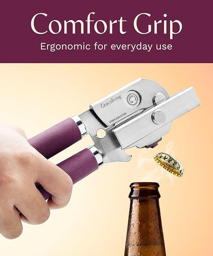 Premium Multifunction Magnetic Manual Can Opener and Bottle Opener, Heavy Duty Stainless Steel Sharp Cutting Blade and Oversized Easy Turn Knob, Soft-Touch Handle, Kitchen Use, Mauve - Image 8