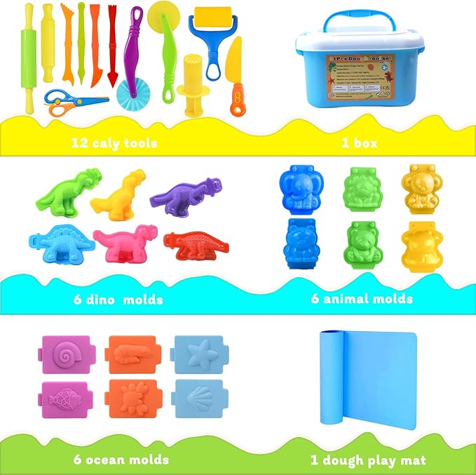 Dough Tool Set, 31 Pcs Basic Dough Tools Kits for Kids, Dough Accessories Includes Storage Container, Mat, 3D Animal, Cutters Roller, Rolling Pins, Safety Scissors - Image 6