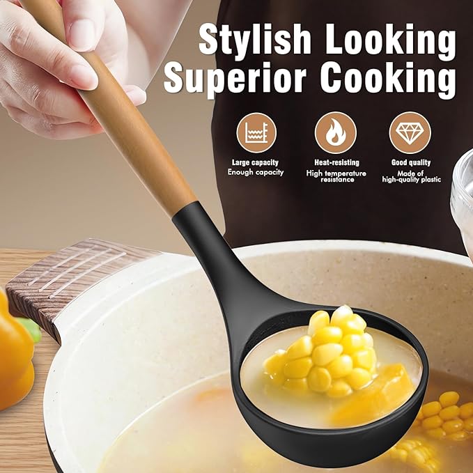 Silicone Cooking Utensils Set - AVGPD Silicone Kitchen Utensils for Cooking Wooden Handles, 446°F Heat Resistant Kitchen Utensil Spatula Sets, Gadgets for Non-Stick Cookware BPA FREE (Black) - Image 5