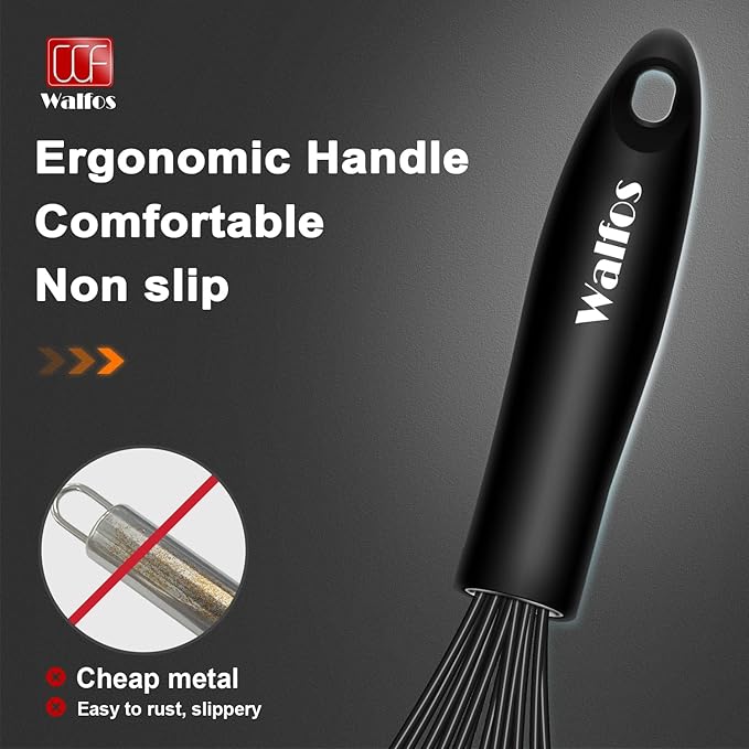 Walfos Silicone Whisk,Stainless Steel Wire Whisk Set of 3 -Heat Resistant 480°F Kitchen Whisks for Non-stick Cookware,Balloon Egg Beater Perfect for Blending,Whisking,Beating,Frothing & Stirring,Black - Image 7