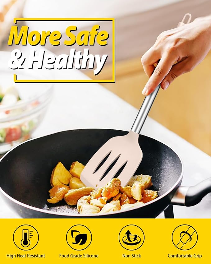 Pack of 4 Silicone Cooking Utensils Set, Non Stick Large Solid Spatulas, Heat Resistant Stainless Steel Khaki Slotted Spoons, Ideal BPA Free Kitchen Turners for Frying, Mixing,Serving,Draining,Turning - Image 4