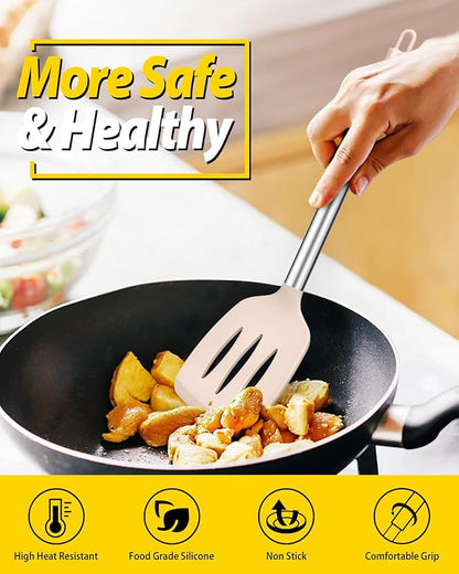 Pack of 4 Silicone Cooking Utensils Set, Non Stick Large Solid Spatulas, Heat Resistant Stainless Steel Khaki Slotted Spoons, Ideal BPA Free Kitchen Turners for Frying, Mixing,Serving,Draining,Turning - Image 4