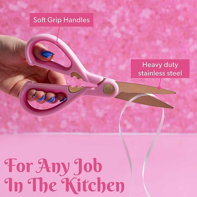 Paris Hilton All Purpose Kitchen Shears, Premium Stainless Steel Blades with Ergonomic Soft Grip Handles, 2-Piece Set, Pink - Image 3