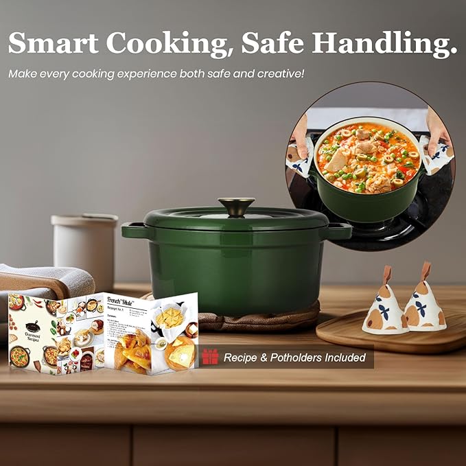 Overmont Enameled Cast Iron Dutch Oven - 5QT Pot with Lid Cookbook & Cotton Potholders - Heavy-Duty Cookware for Braising, Stews, Roasting, Sourdough Baking moss - Image 5