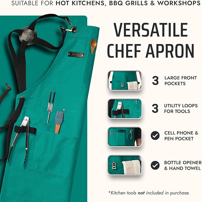 Asaya Chef and BBQ Apron with Bottle Opener and Hand Towel - 10oz Cotton Canvas, Stainless Steel Hardware - Cross Back Straps - Image 2