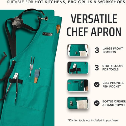 Asaya Chef and BBQ Apron with Bottle Opener and Hand Towel - 10oz Cotton Canvas, Stainless Steel Hardware - Cross Back Straps - Image 2