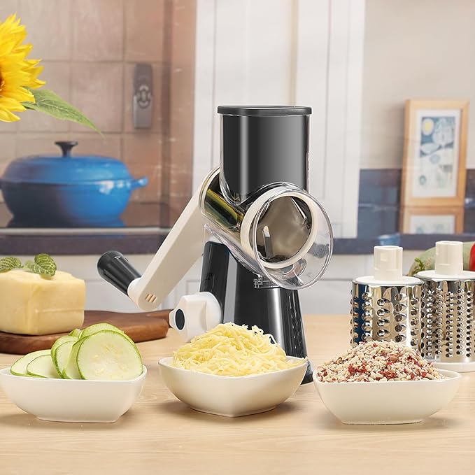 Cambom Rotary Cheese Grater Hand Crank Cheese Shredder for Fresh Cheese, Vegetable, Nuts,Non-slip Suction Base, Three Blades, Black - Image 7