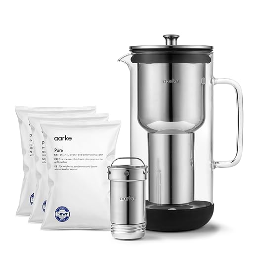 Aarke Purifier Regular Glass Pitcher Bundle w/Steel Filter, BPA-Free, 4 Pure Refill Granules - Filters Heavy Metals, 2.4L Pitcher with 1.18L Filtration Capacity by aarke