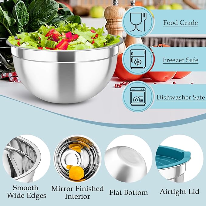 TeamFar Mixing Bowls, Stainless Steel Nesting Salad Bowls with Lids Set of 3 & 3 Grater Attachments, For Mixing/Serving/Storing, Non-toxic & Long-lasting, Size 4.6/3 / 1.5 QT, Navy Blue - Image 4