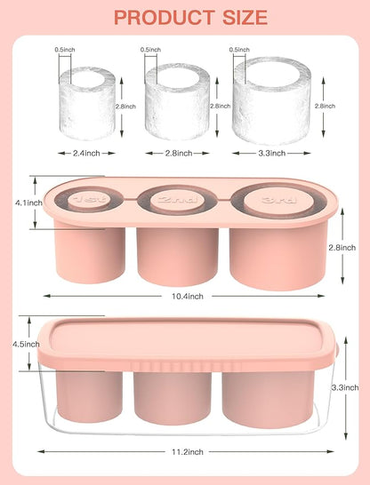 Ice Cube Tray for Tumbler Cup 30Oz-40Oz, 3 Pcs Silicone Cylinder Ice Mold with Lid and Bin for Freezer, Easy Fill and Release Ice Maker for Whiskey, Cocktail BPA-Free (Pink, 40Oz-Type1)