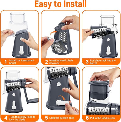 Rotary Cheese Grater Hand Crank with 5 Interchangeable Blades, Vegetable Slicer Chopper for Fruit Vegetable Nuts, Mandoline Slicer for Kitchen with Blades Rack & Suction Base, Grey