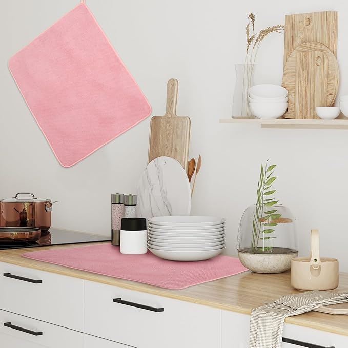Hushee 2 Pack Extra Large Dish Drying Mat Microfiber Absorbent Dish Drying Pad Large Size Dishes Drainer Mats for Countertop, Sink, Refrigerator or Dryer (30 x 24 Inch,Pink) - Image 4