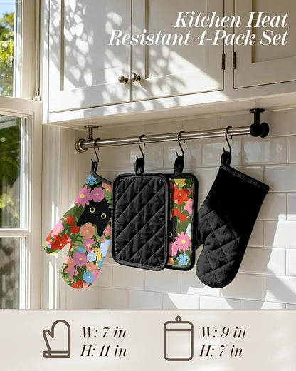 Miss Adola Cotton Oven Mitts and Pot Holders Sets - Quilted Lining Heat Resistant 4 Pieces Set with Hanging Loop Cute Farmhouse Boho Spring Kitchen Decor and Accessories, Cat Flower - Image 4