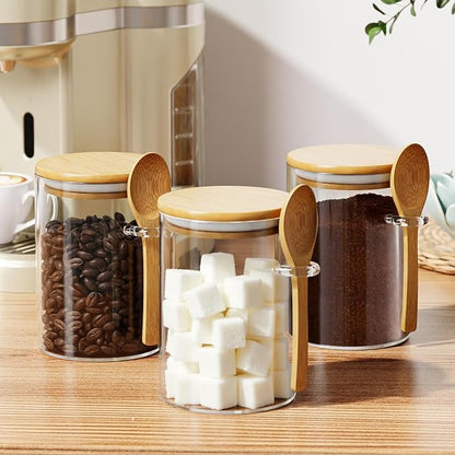Glass Sugar Container with Spoon - 1 Pack 15oz Glass Jars with Bamboo Lid and Spoon, Bamboo Lid Storage Jar Containers for Coffee Beans, Spice, Brown Sugar, Tea, Flour, Nuts, Candy, Salts and More - Image 3