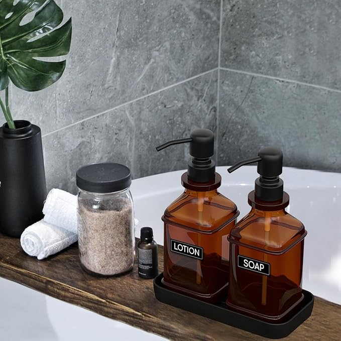 LMQML Soap Dispenser - 2 Pack, Antique Design Thick Amber Glass Hand Soap Dispensers with Sturdy Tray; 304 Rust Proof Stainless Steel Black Pump, 12Pcs Stickers, for Kitchen, Bathroom- Black - Image 6