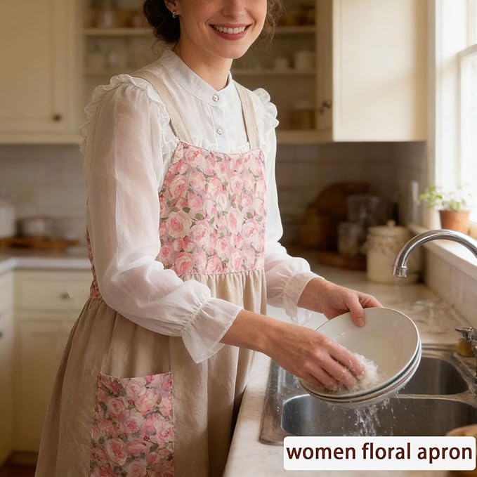 Uaussi Cotton Linen Apron Cross Back Work Apron for Women with Pockets Pinafore Dress X Cross Halter Apron for Chef Gardening - Image 4
