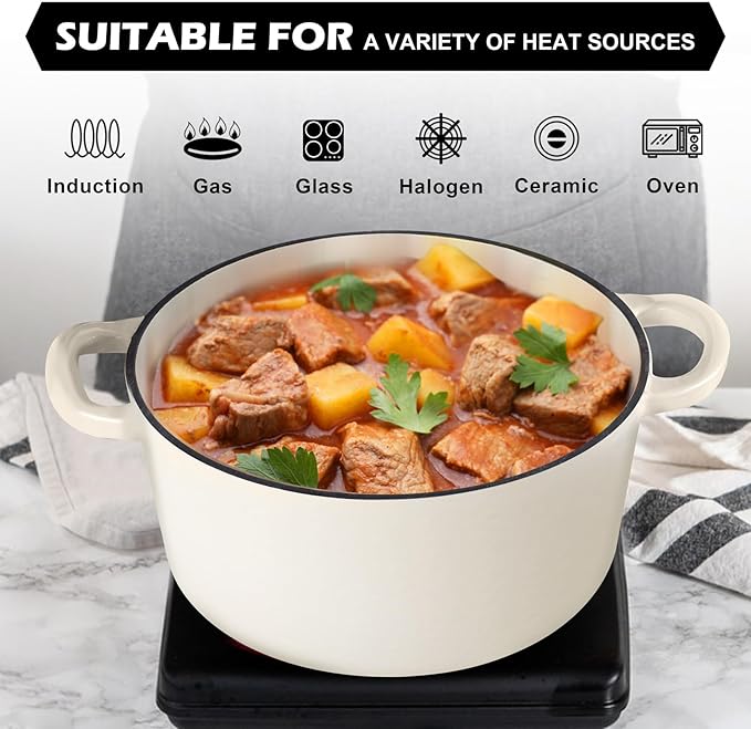 TeamFar 5Qt Dutch Oven, Enameled Cast Iron Dutch Oven with Lid & Dual Handles for Cooking Baking Braising Simmering, Healthy & Sturdy, Oven & Various Stovetops Safe, Non-stick & Easy Clean - Cream White - Image 5