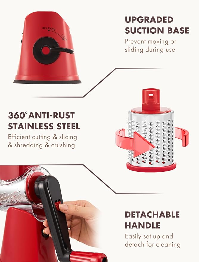 GDL Rotary Cheese Grater, Upgraded 5-in-1 Cheese Grater Hand Crank, Multi-purpose Cheese Shredder with Handle, Vegetable Slicer Cutter Ice Shaver for Potato, Carrot, Nuts, Chocolate - Image 6
