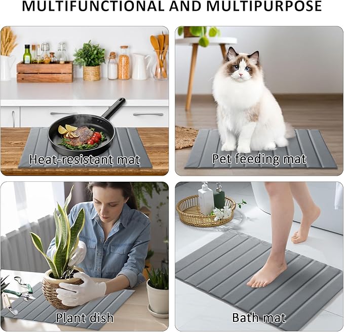 Large Stone Dish Drying Mat for Kitchen Counter 24x16 Inch - Super Absorbent Quick Dry Diatomaceous Earth with PU Leather, Foldable Space Saving Stone Bath Mats for bathroom - Image 5