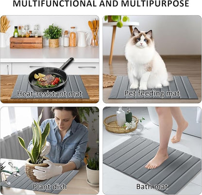 Large Stone Dish Drying Mat for Kitchen Counter 24x16 Inch - Super Absorbent Quick Dry Diatomaceous Earth with PU Leather, Foldable Space Saving Stone Bath Mats for bathroom - Image 5