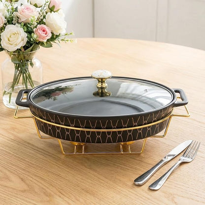 12" x 8" Ceramic Oval Casserole Dish with Glass Lid and rack, 1.7 Quart Serving Soup Tureen,Chafing Dish for Buffet, Family Food preserve Tray, Catering Casserole for Party Style, Black