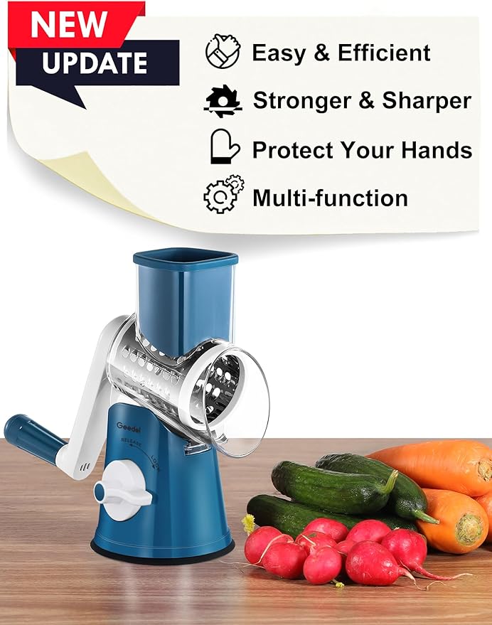 Geedel Rotary Cheese Grater Cheese Shredder - Upgraded 5-in-1 Cheese Grater with Handle and Strong Suction Base, Multi-purpose Vegetable Slicer Ice Shaver Nuts Grinder for Ice, Vegetables, Fruit, Nuts - Image 5