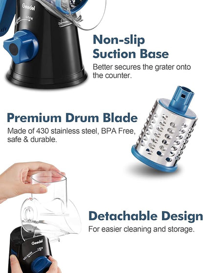 Geedel Rotary Cheese Grater, Kitchen Mandoline Vegetable Slicer with 3 Interchangeable Blades, Easy to Clean Rotary Grater Slicer for Fruit, Vegetables, Nuts - Image 6