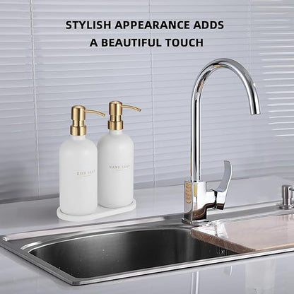 Soap Dispenser Bathroom - Dish and Hand Soap Dispenser Set, Glass Soap Lotion Dispenser with Pump for Kitchen with Tray, Waterproof Labels, 2 Lotion White Bottle/Gold Pump N