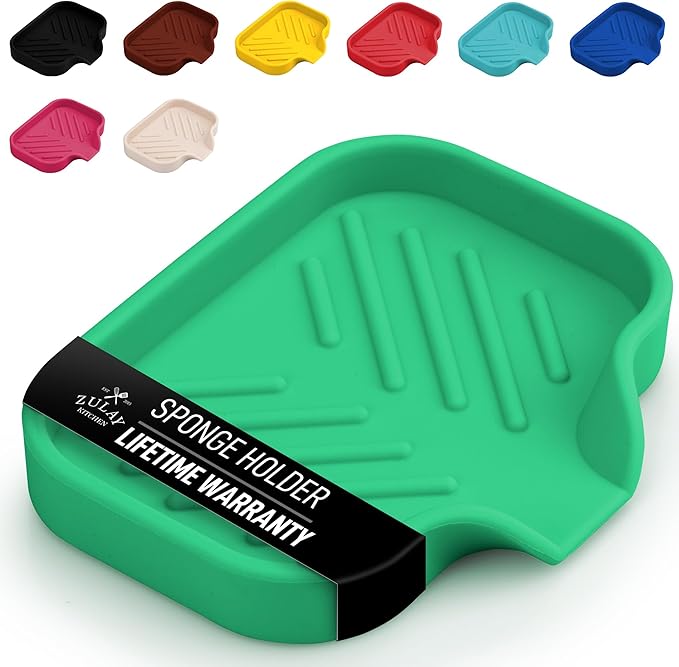Zulay Kitchen Small Silicone Sponge Holder (4.9x3.3”) – Space-Saving Sink Organizer Tray for Sponge, Soap, Brush & More – Compact Non-Slip Dish for Kitchen & Bathroom (Carnival Glass) by ZulayKitchen