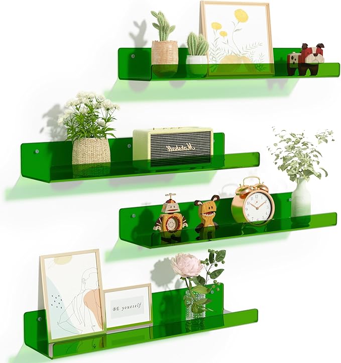 upsimples Acrylic Shelves for Wall Decor, 15" Display Shelf Perfume Organizer for Bathroom, Bedroom, Living Room, Floating Bookshelves for Kids, Clear Green, 4 Pack by upsimples