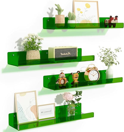 upsimples Acrylic Shelves for Wall Decor, 15" Display Shelf Perfume Organizer for Bathroom, Bedroom, Living Room, Floating Bookshelves for Kids, Clear Green, 4 Pack by upsimples