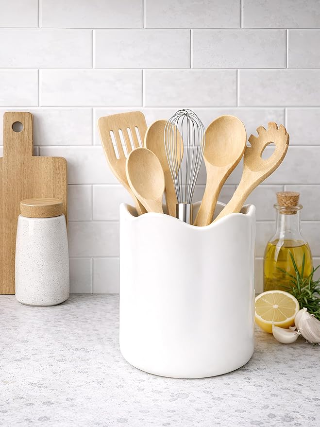 Ceramic Utensil Holder for Kitchen Counter, 7.1" Large Kitchen Utensil Holder for Countertop with Cork Bottom, Cooking Tool Organizer for Spatula, Matte White - Image 3