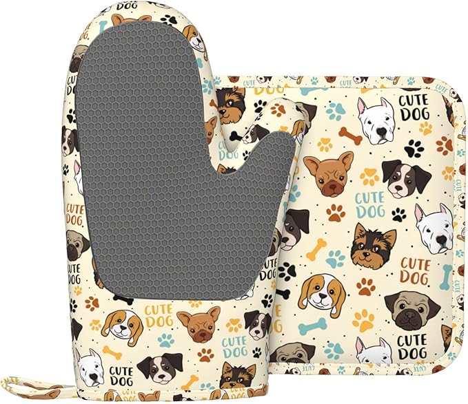Cute Dog Oven Mitts and Pot Holders Set - Heat Resistant (500°F) Non-Slip Silicone Kitchen Gloves for Cooking, Baking, Grilling & BBQ - Kitchen Accessories for Women/Men, Gift Idea