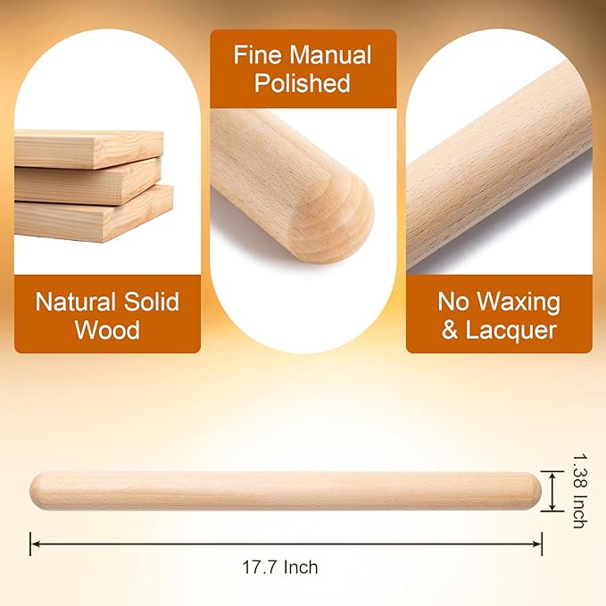 AISOSO French Rolling Pin, 17.7 Inches Wood Rolling Pins for Baking, Extra Long Classic Wooden Dough Roller for Fondant Pizza Pie Crust Cookie Pastry, Kitchen Baking Essentials, Light Yellow - Image 2