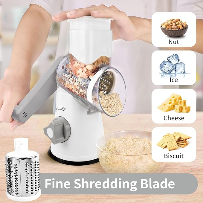 Rotary Cheese Grater, Manual Cheese Shredder with 3 Interchangeable Blades, Cheese Grater Hand Crank with Strong Suction Base, Easy to Use and Clean, White - Image 4