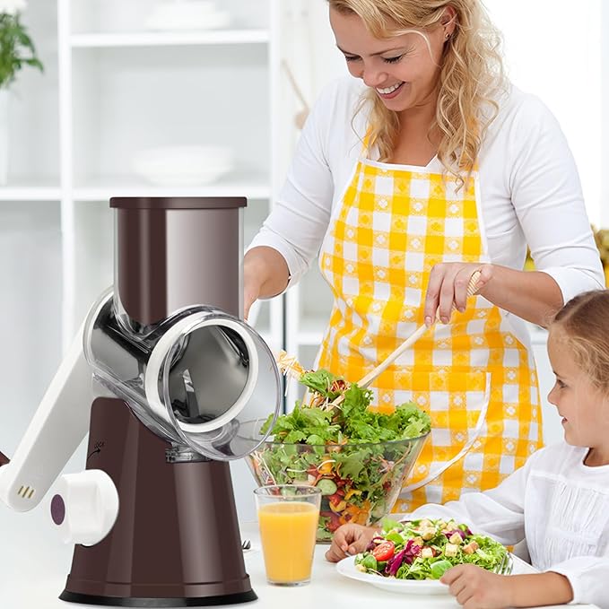 Ourokhome Rotary Cheese Grater Hand Crank, Kitchen Shredder Speed Mandolin Slicer Nut Grinder with Handle and Drum Blades for Cheese, Vegetable, Walnuts, Chocolate, Potato, Carrot,3 Blades, Coffee - Image 9