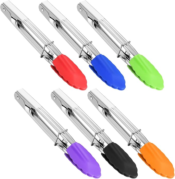 6 Pieces 7 Inch Mini Silicone Tip Tongs Kitchen Serving Tongs Small Metal Locking Tongs for Salad Grilling Cooking, 6 Colors