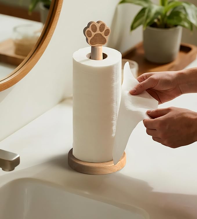 KitchLife Cute Wooden Paper Towel Holder Countertop - Solid Freestanding Paper Towel Dispenser Stand Organizer with Anti-Skid Base (Paw) - Image 8