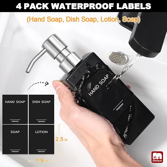 GMISUN Black Soap Dispenser, Hand Soap Dispenser Bathroom, 12 fl oz/350ml Glass Soap Dispensers with Stainless Steel Pump, Refillable Liquid Dish Dispenser for Kitchen, Modern Soap and Lotion Bottles - Image 4