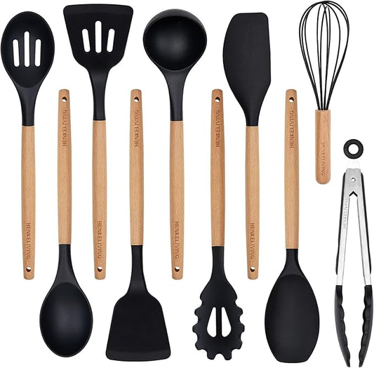 Silicone 10 Pcs Kitchen Cooking Utensils Set, Recycled Materials Certification, BPA Free Spatula Set with Heat Resistant Wood Handles for Nonstick Cookware, Black by Unknown
