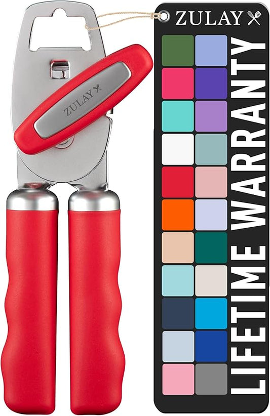 Zulay Kitchen Heavy Duty Stainless Steel Can Opener Manual with Bottle Opener - Rust Proof Manual Can Opener With Turn Knob & Comfy Soft Grip Handles - Cherry Red by ZulayKitchen