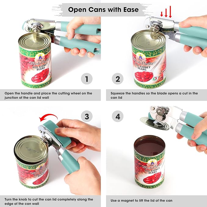 Beneno Heavy Duty Hand Can Opener Manual with Magnet, Durable Sharp Carbon Steel Blade Smooth Cutting, Big Effort-Saving Knob & Soft Grip Handle, Multifunctional Kitchen Tool with Bottle Opener, Mint - Image 4
